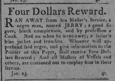 1794 Philadelphia, PA advertisement to recover fugitive slave Jerry.